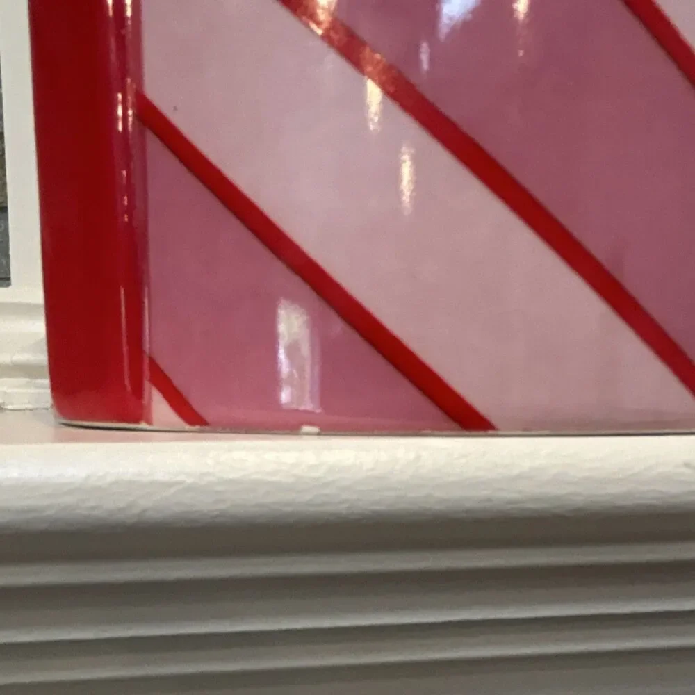 Ceramic Holiday Christmas Cookie Jar With Bow on Lid Red Pink Striped 5x8